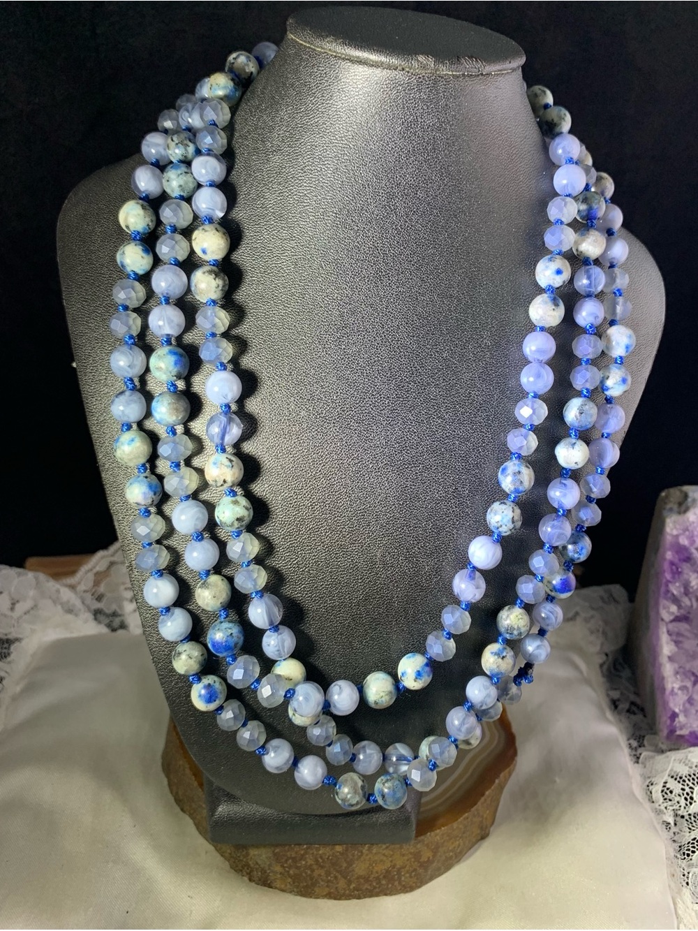 Layered Sodalite and Faceted Blue crystal 56" Handknotted Necklace